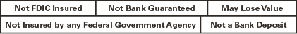 Not FDIC insured, not bank guaranteed, may lose value, not insured by any Federal Government Agency, not a bank deposit.